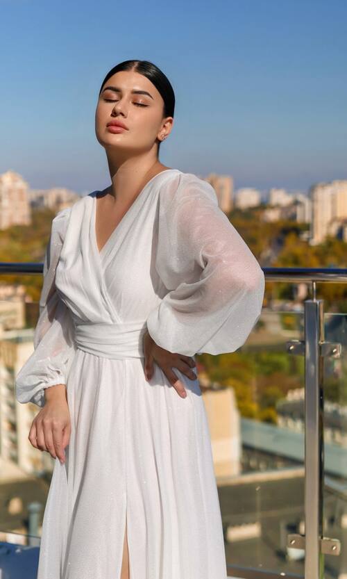 Вечірня сукня шифон блиск максі 25081 Молочна