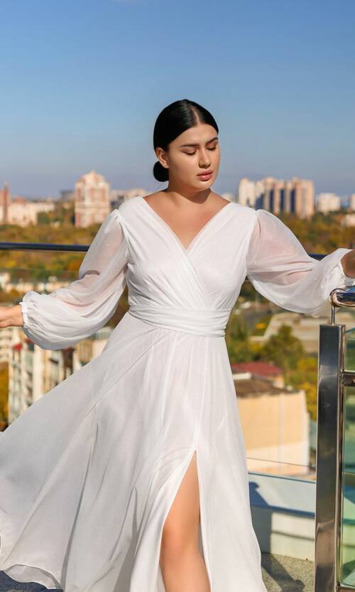 Вечірня сукня шифон блиск максі 25081 Молочна