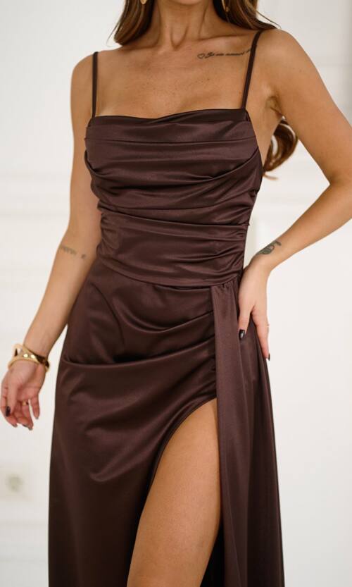 Вечірня Сукня Блиск Розріз 24057 Шоколадна