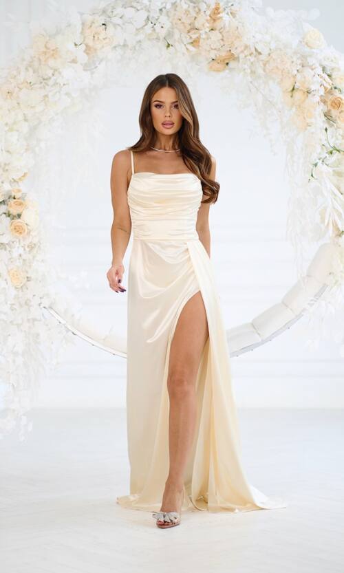 Вечірня Сукня Блиск Розріз 24057 Кремова