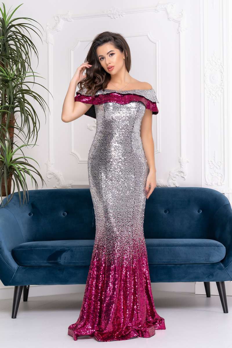 Вечірня сукня максі паєтка 9013 Срібна/малинова Вечірня сукня максі паєтка 9013 Срібна/малинова