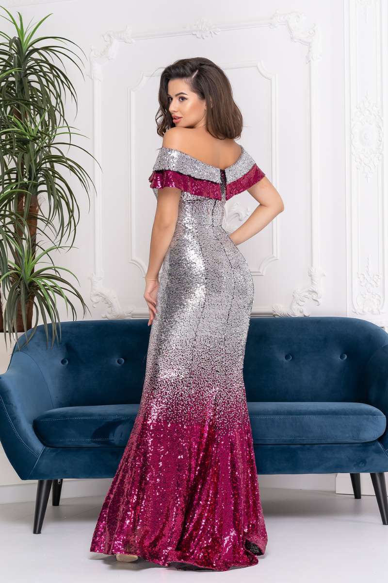 Вечірня сукня максі паєтка 9013 Срібна/малинова Вечірня сукня максі паєтка 9013 Срібна/малинова