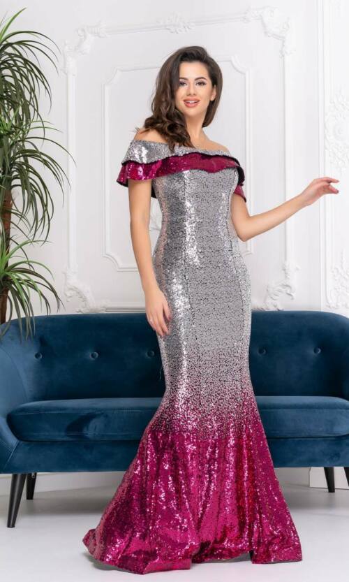 Вечірня сукня максі паєтка 9013 Срібна/малинова