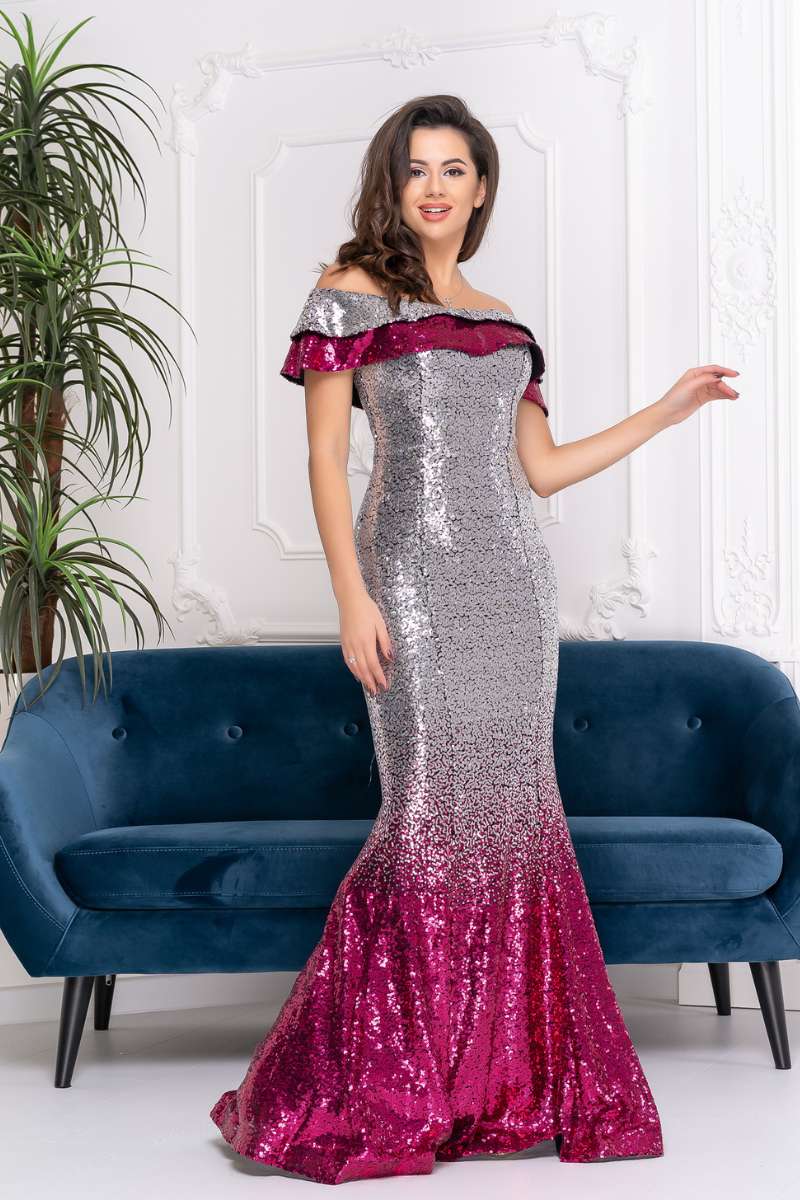 Вечірня сукня максі паєтка 9013 Срібна/малинова Вечірня сукня максі паєтка 9013 Срібна/малинова