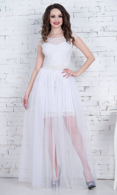 Вечірня Сукня Гіпюр Фатін 7067 Біла