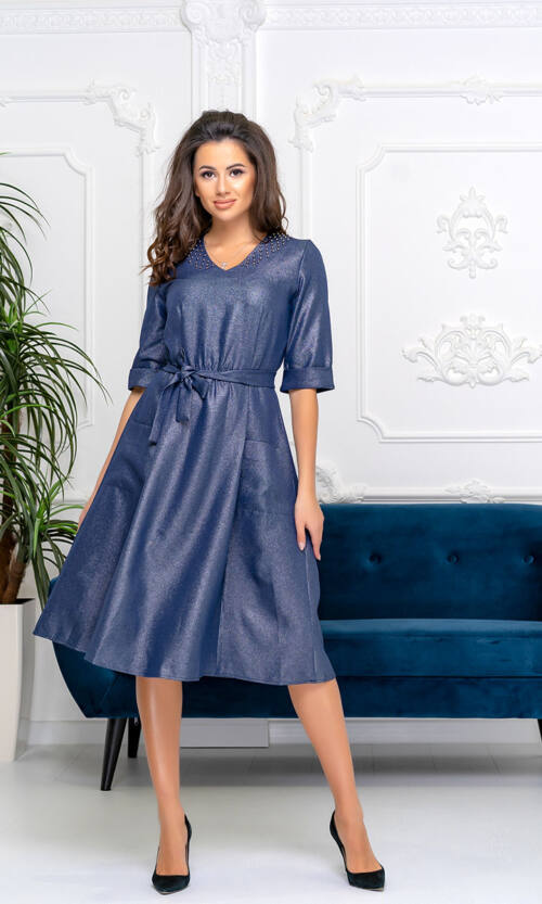 Коктейльна Сукня Блиск Кишені 9190 Синя