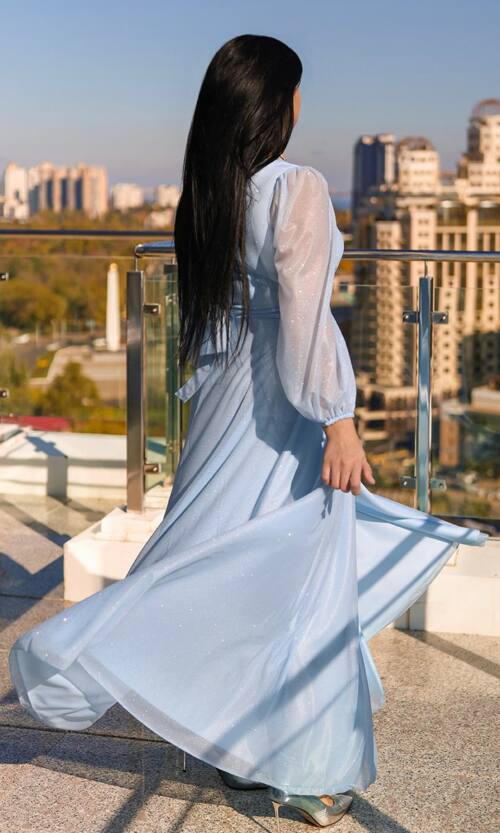 Вечірня сукня шифон блиск максі 25081 Блакитна