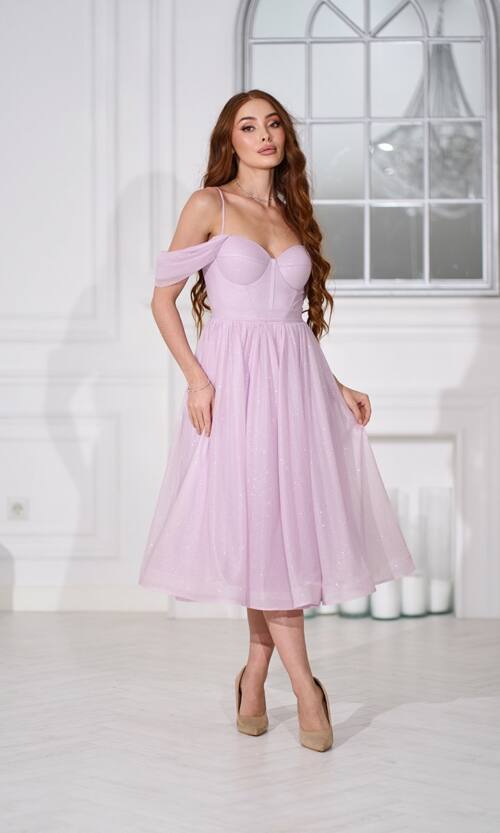 Коктейльна сукня на розпис шифон міді 25080 Лавандова