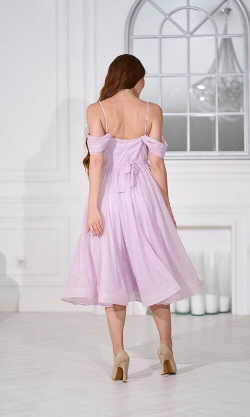 Коктейльна сукня на розпис шифон міді 25080 Лавандова