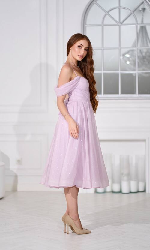 Коктейльна сукня на розпис шифон міді 25080 Лавандова