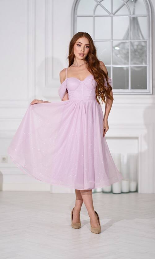 Коктейльна сукня на розпис шифон міді 25080 Лавандова