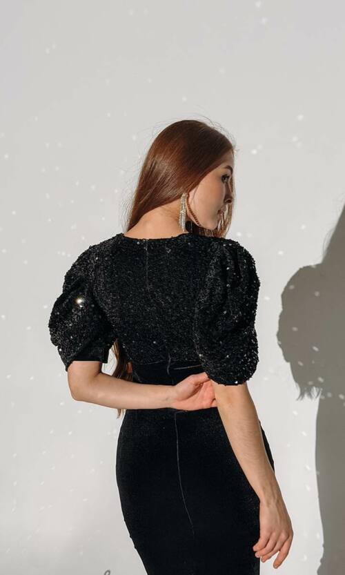 Коктейльна Сукня Оксамит Паєтка 24108 Чорна