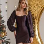 Коктейльна сукня міні атлас корсет 25098 Коричнева