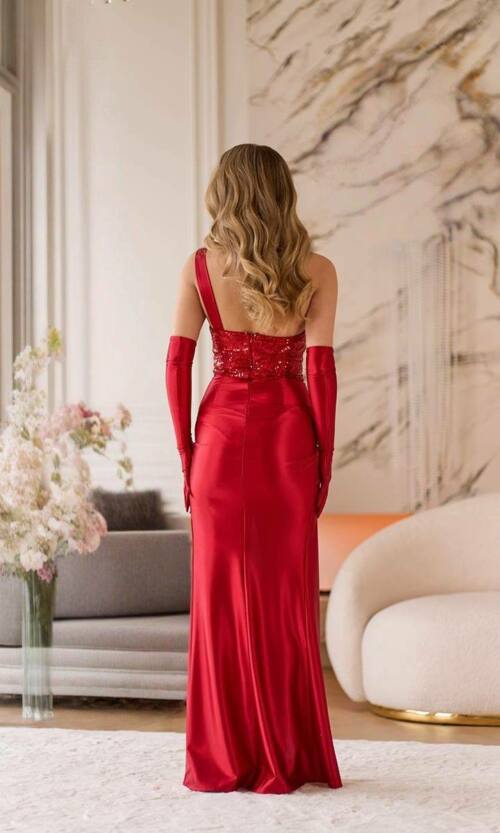 Вечірня сукня атлас біфлекс паєтка троянди 25097 Червона