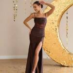 Вечірня сукня атлас біфлекс паєтка 25095 Коричнева