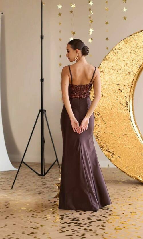 Вечірня сукня атлас біфлекс паєтка 25095 Коричнева