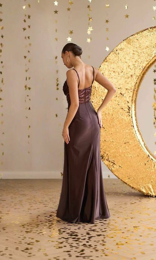 Вечірня сукня атлас біфлекс паєтка 25095 Коричнева