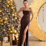 Вечірня сукня атлас біфлекс паєтка 25095 Коричнева