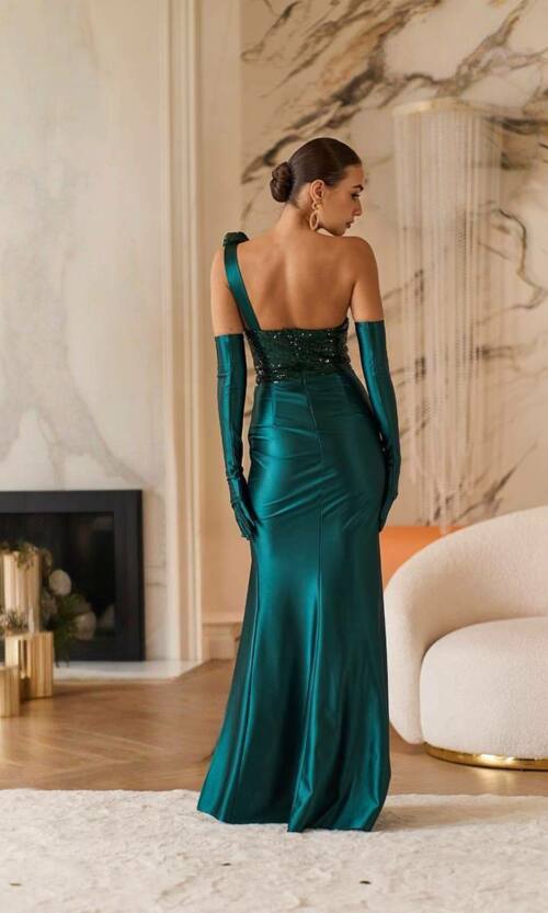 Вечірня сукня атлас біфлекс паєтка троянди 25097 Зелена