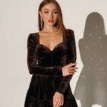 Коктейльное платье корсет бархат мини 25088 Коричневое