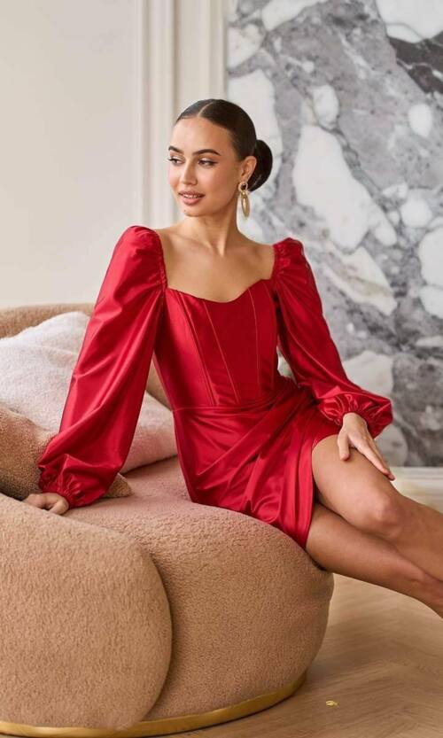 Коктейльна сукня міні атлас корсет 25098 Червона