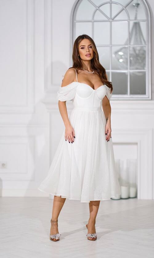 Коктейльна сукня на розпис шифон міді 25080 Молочна