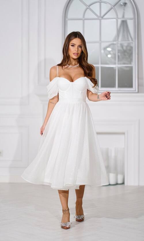 Коктейльна сукня на розпис шифон міді 25080 Молочна