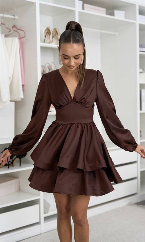 Коктейльна сукня атлас люкс довгий рукав 25083 Шоколадна