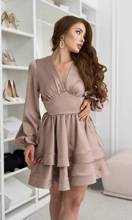 Коктейльна сукня атлас люкс довгий рукав 25083 Бежева