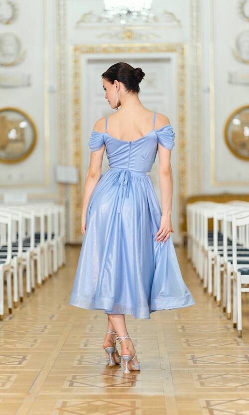 Коктейльна сукня міді з драпірованим ліфом 26019 Синя