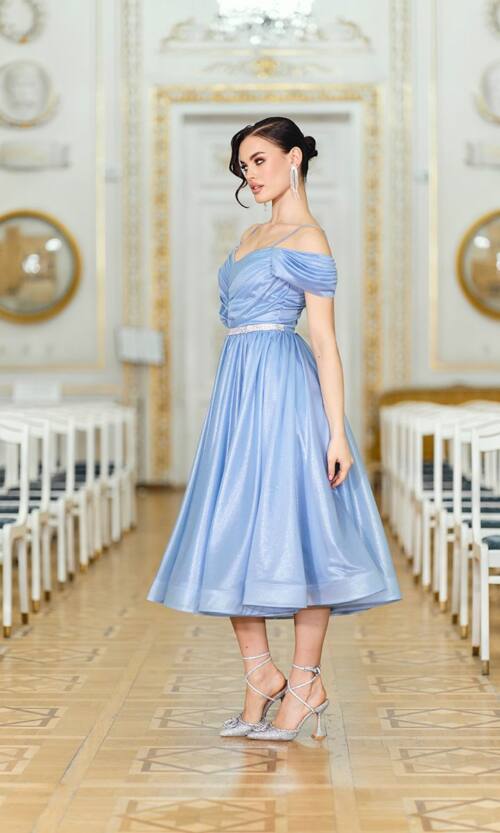 Коктейльна сукня міді з драпірованим ліфом 26019 Синя