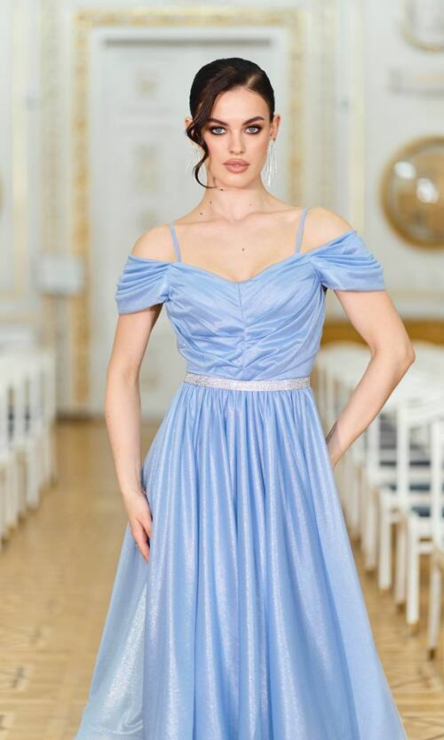 Коктейльна сукня міді з драпірованим ліфом 26019 Синя