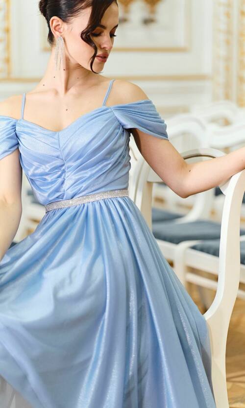 Коктейльна сукня міді з драпірованим ліфом 26019 Синя