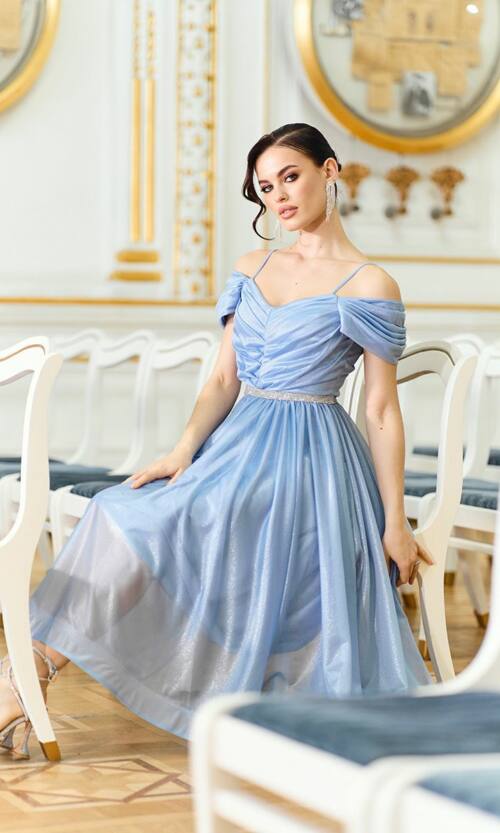 Коктейльна сукня міді з драпірованим ліфом 26019 Синя