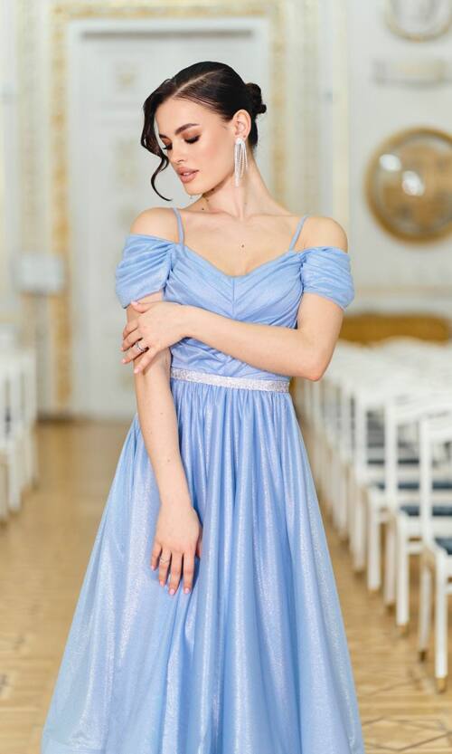 Коктейльна сукня міді з драпірованим ліфом 26019 Синя