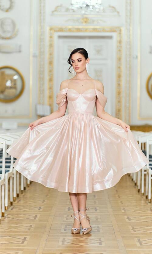 Коктейльна сукня на розпис шифон міді 25080 Бежева