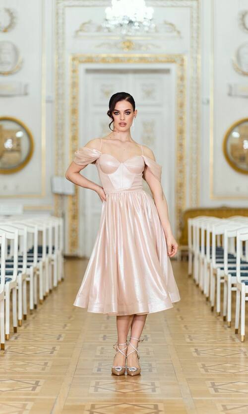 Коктейльна сукня на розпис шифон міді 25080 Бежева