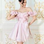 Корсетна міні сукня з вишивкою та відкритими плечима 26008 Пудрова