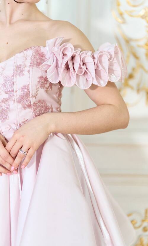 Корсетна міні сукня з вишивкою та відкритими плечима 26008 Пудрова