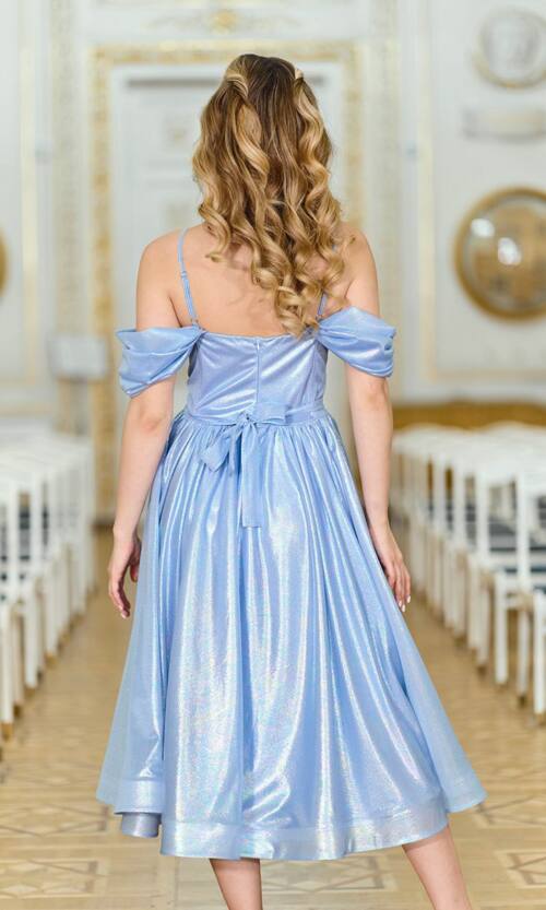 Коктейльна сукня на розпис шифон міді 25080 Синя