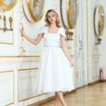 Коктейльна сукня міді з органзи з шовковим сяйвом 26014 Молочна