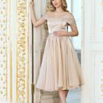 Коктейльна сукня міді з органзи з шовковим сяйвом 26014 Бежева