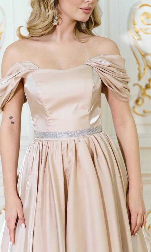 Коктейльна сукня міді з органзи з шовковим сяйвом 26014 Бежева