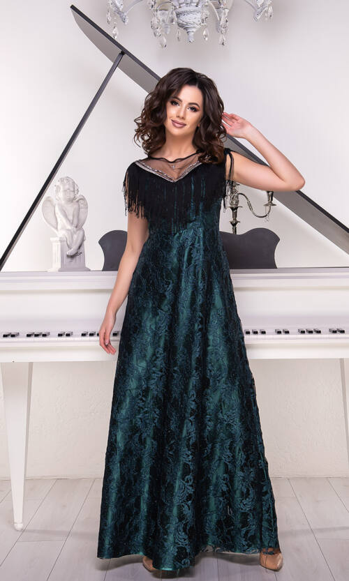 Вечірня Сукня Гіпюр Бахрома 9046 Зелена