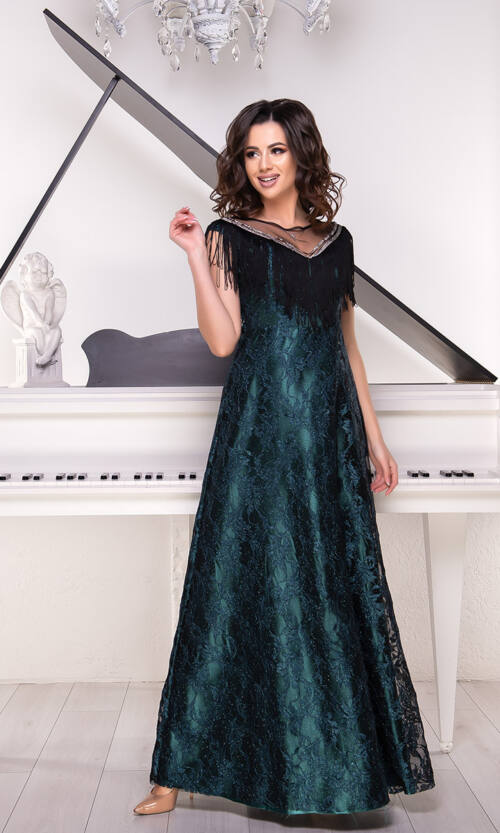 Вечірня Сукня Гіпюр Бахрома 9046 Зелена