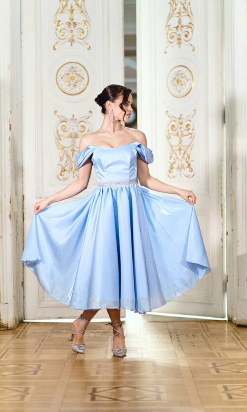 Коктейльна сукня міді з органзи з шовковим сяйвом 26014 Блакитна