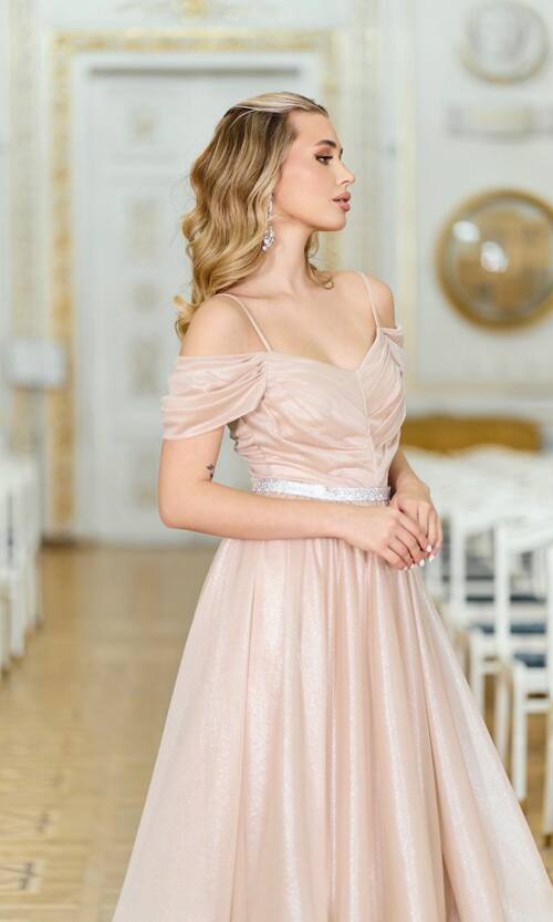 Коктейльна сукня міді з драпірованим ліфом 26019 Бежева