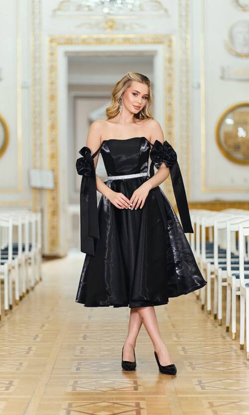 Корсетна сукня з бантами на плечах 26004 Чорна