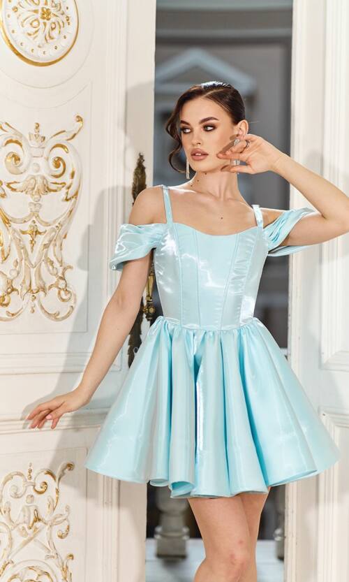 Коктейльна корсетна сукня з ефектом рідкого глянцю 26002 Блакитна