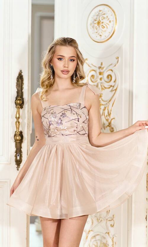 Архітектурна коктейльна сукня з вишитим корсетом 26010 Бежева